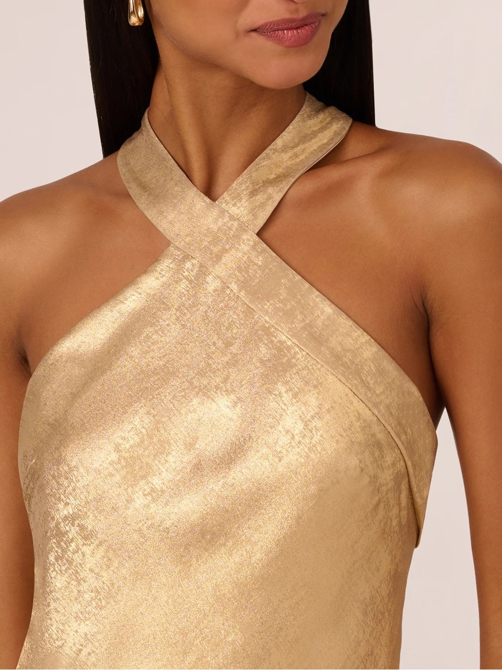Adrianna Papell Foiled Mermaid Gown With Halter Neckline In Light Gold - Picture 3 of 8